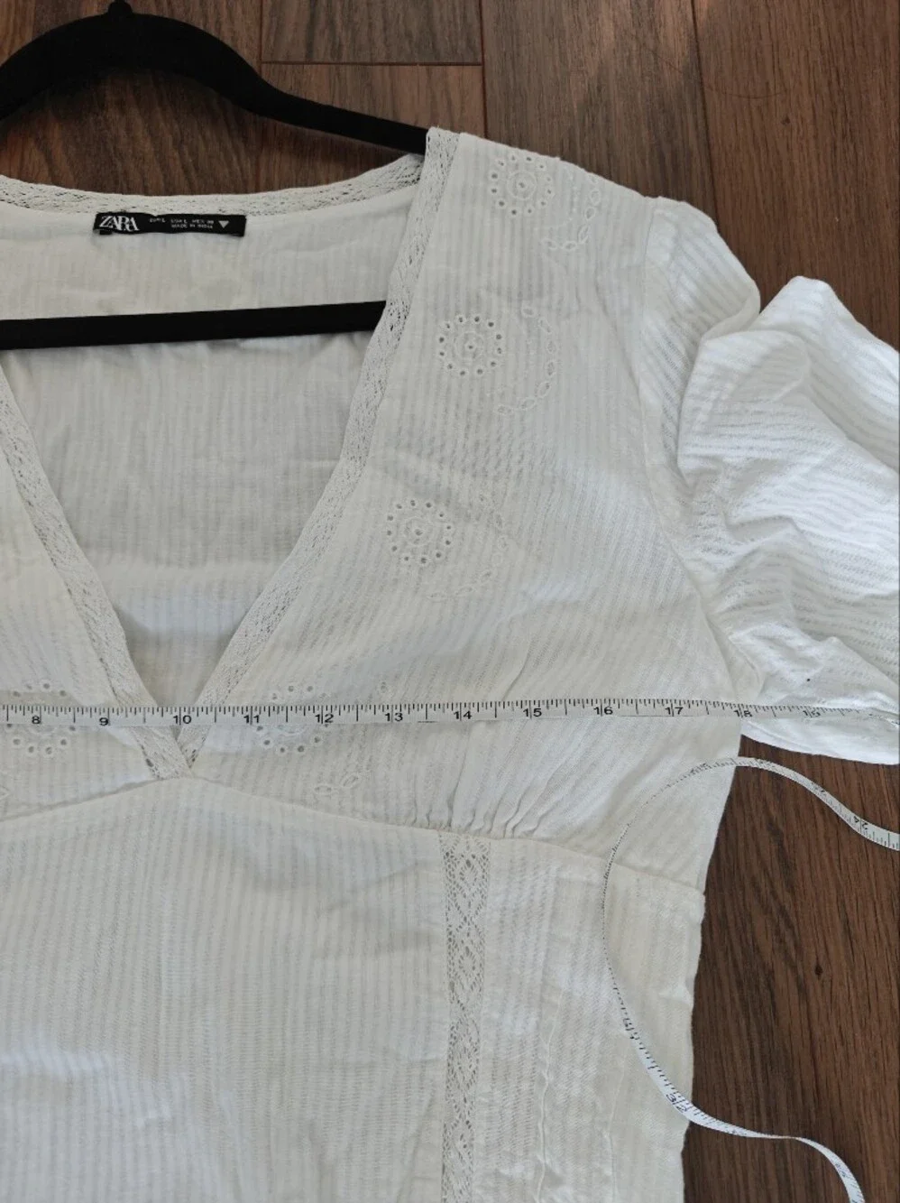 H&M White Cotton Linen Puff Sleeve Mini Dress Medium Open Back Cottagecore 0721 - Picture 7 of 8